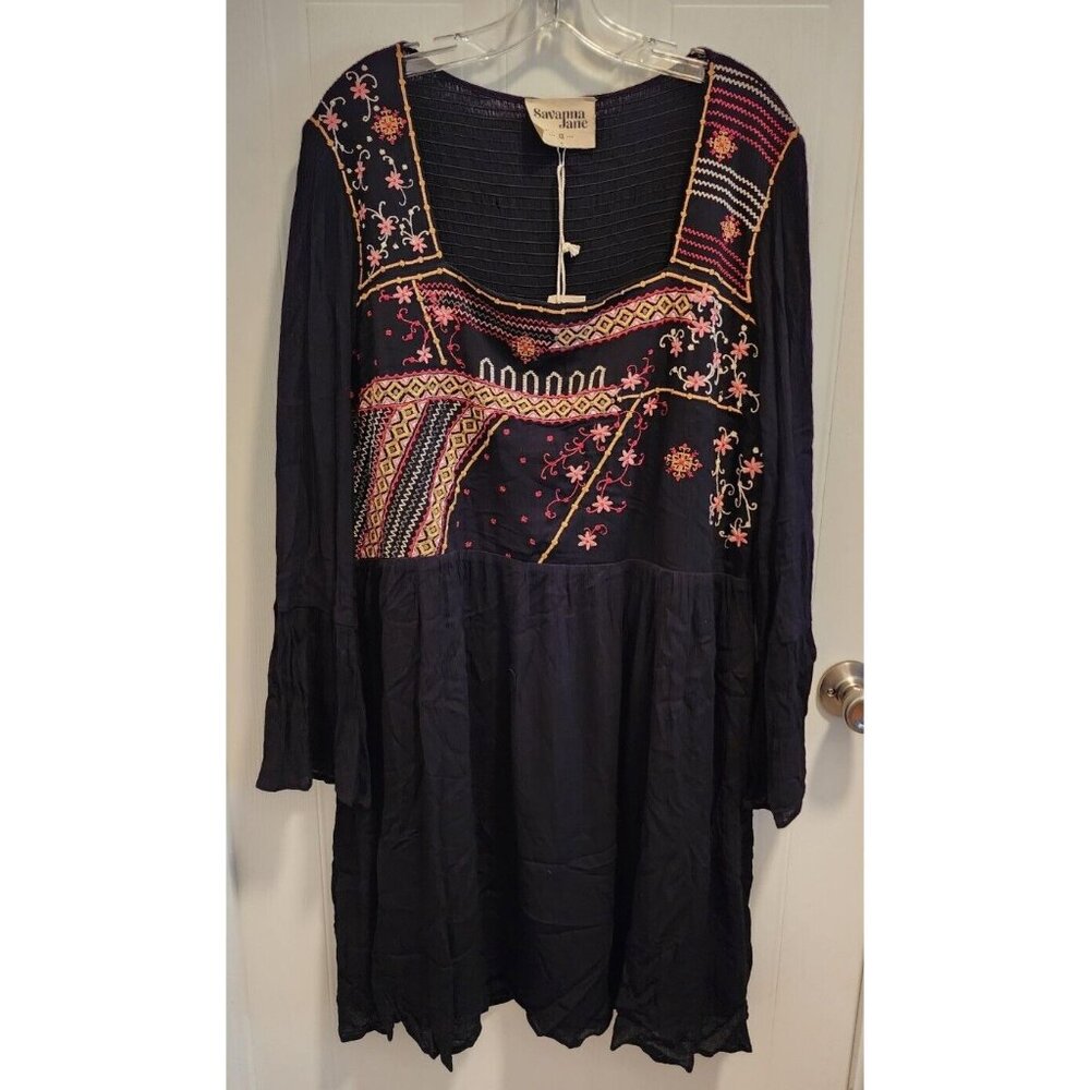 NEW Savanna Jane Long Sleeve Embroidered Knee Length Dress Black Boho Plus Sz 1X
